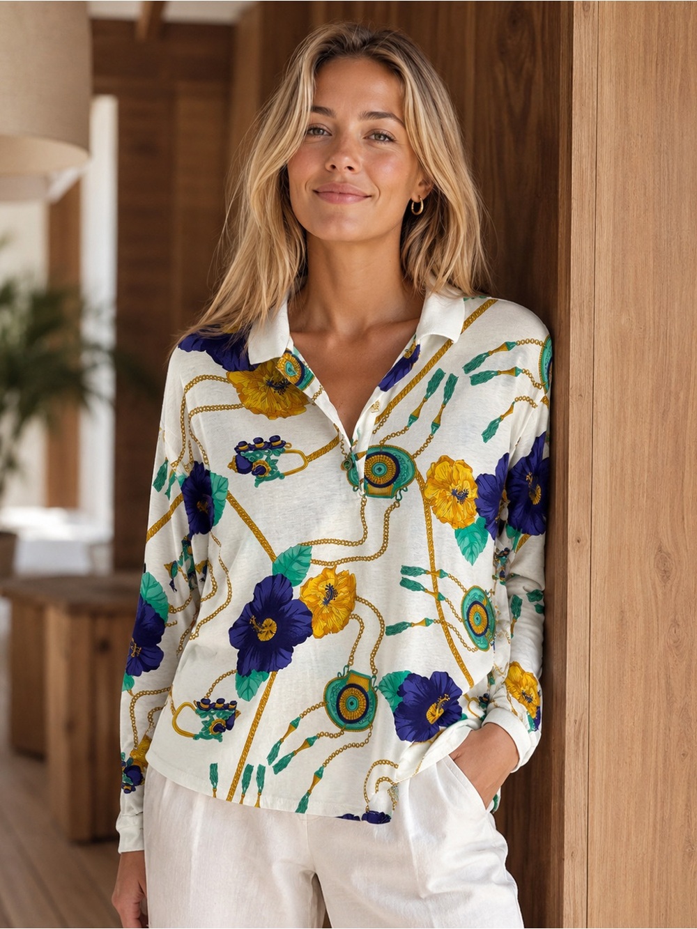 Vintage Classy Baroque Italian Floral Polo Shirt
